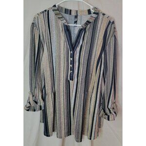 JTB Womens 3X Striped 3/4 Roll Tab Sleeves Snap Buttons Front Blouse Neutral